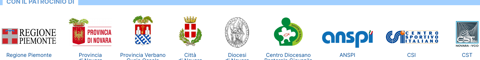 Loghi dei patrocini Heaven's Cup: Regione Piemonte, Provincia di Novara, Provincia VCO, Città di Novara, Diocesi di Novara, Centro Diocesano Pastorale Giovanile, ANSPI, CSI e CST